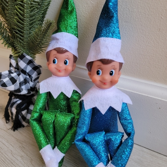Bed Bath & Beyond Holiday Sparkly Green Boy Elf And Sapphire Blue